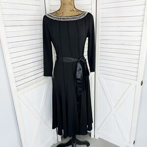 Maria Gabrielle Beaded Neckline Belted‎ Panel Dress Black Large Fit Flare